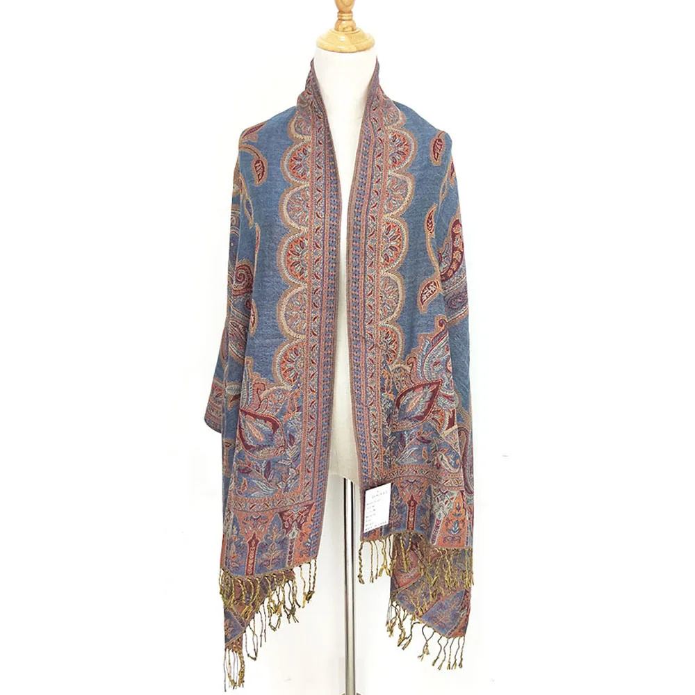Newest pashmina hot saling shawl silk jacquard fashionable women scarf with fringe