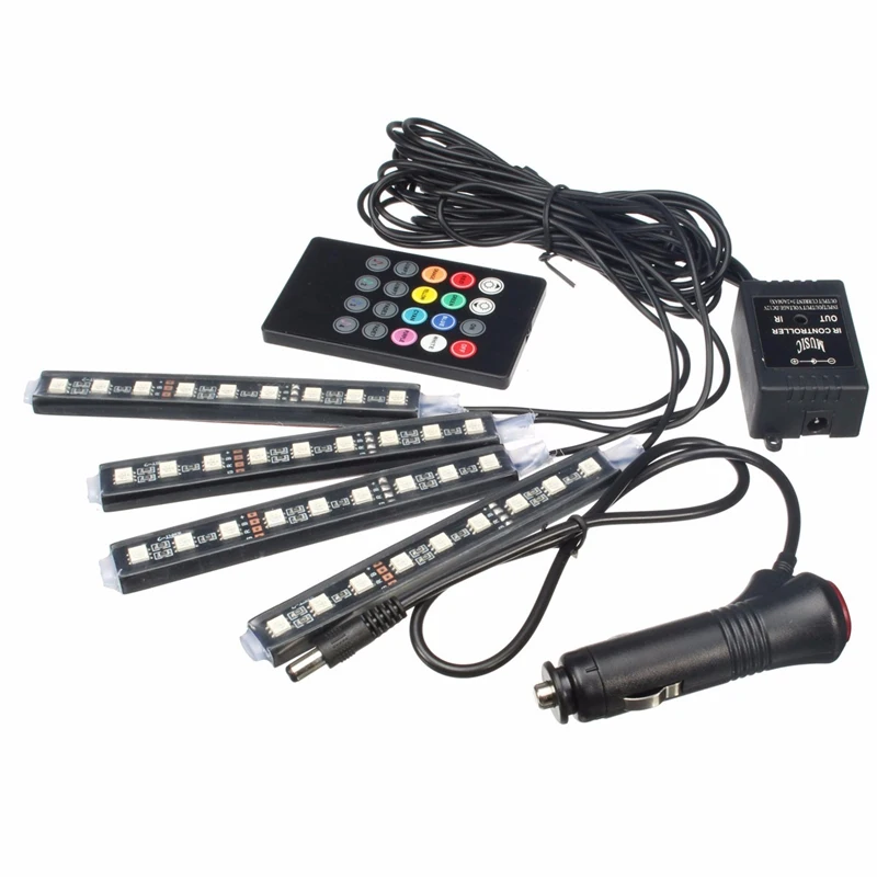 4 * 9LED 12V Car Model Interior Dashboard Foot Lamp Bulb Cigarette RGB LED Musical Environment Rhythm Light Decorative Light