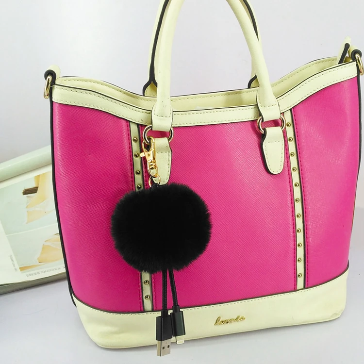 Yonze usb fluffy puff ball bag charm fur pom-poms fashion fake fur handbag usb cable charger plush keychain