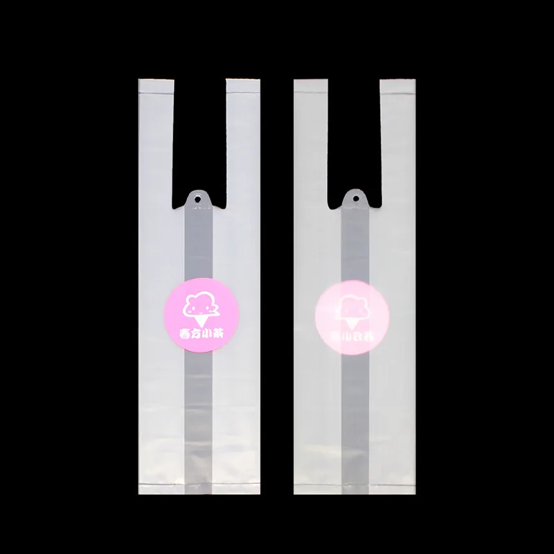 Custom Printed Vest Handle Bubble Tea Coffee Cup Holder Package HDPE Plastic Take Away Drinking T-Shirt Packaging Bags