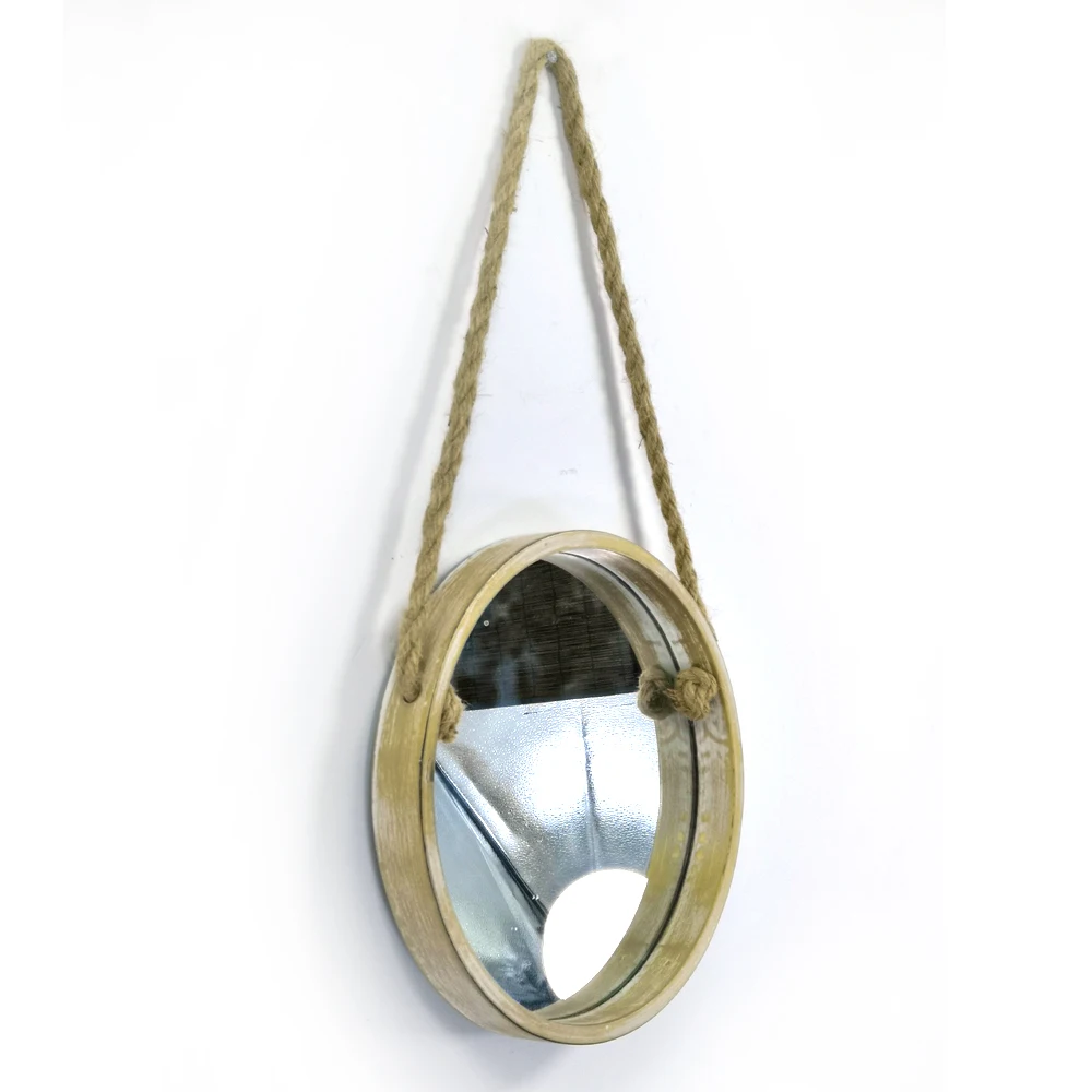 Rainhou minimalist home decor 16 inch round strap vinyl mirrors for wall decorative wall wood frame wall mirror