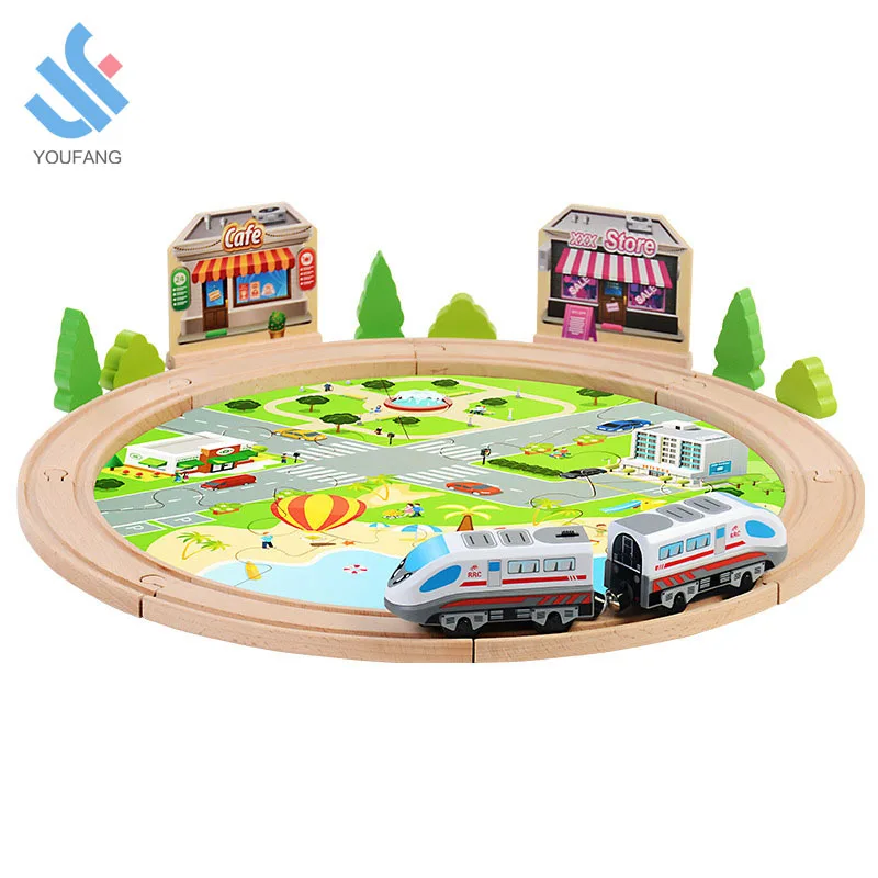 YF-Z2005 hottest educational 29PCS DIY urban rail traffic scene combined train set wooden train railway toy for kids