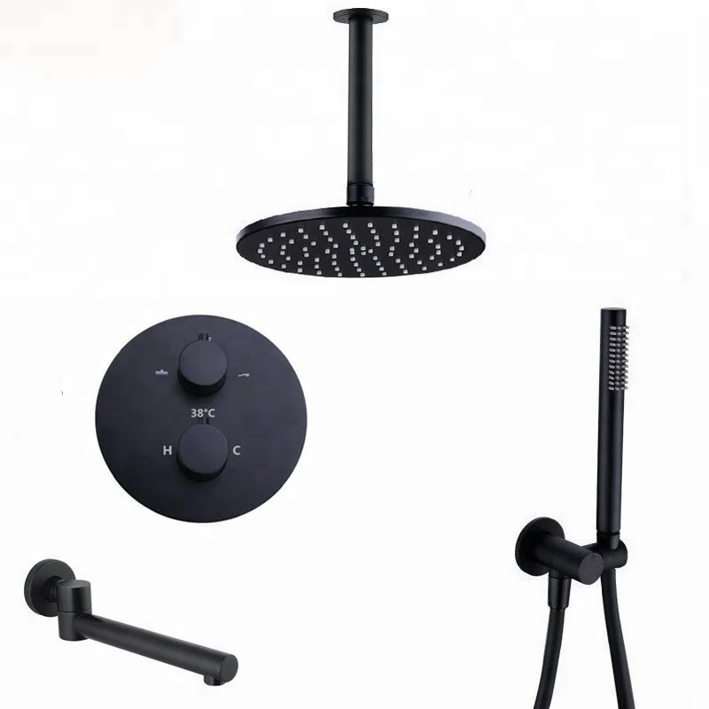 Brass Black Shower Faucets 8-12 Inch Bathroom Shower Diverter 2&3 Ways Thermostatic Valve Shower System
