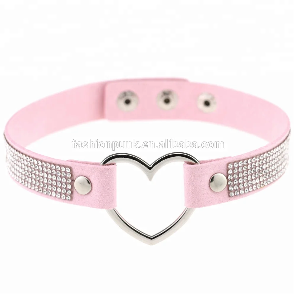 Punk Gothic Shiny Rhinestone Matte Leather Heart Choker Snap Button Collar Necklace