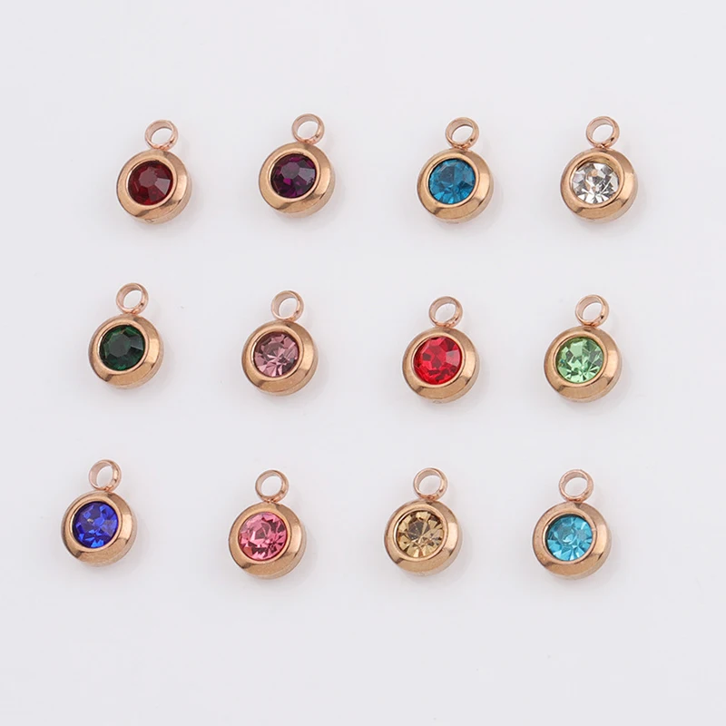6.5mm Stainless Steel Rhinestones Rose Gold 12 Birthstones Charms for DIY Jewelry Making