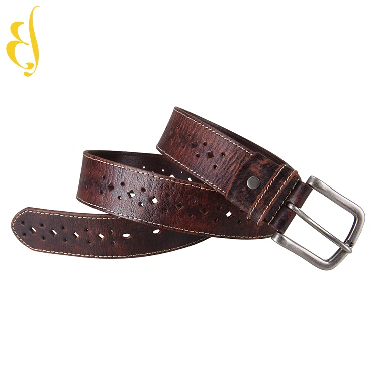 Custom Perforated casual men belt Vintage Genuine Full Grain Leather Belt with single needle buckle