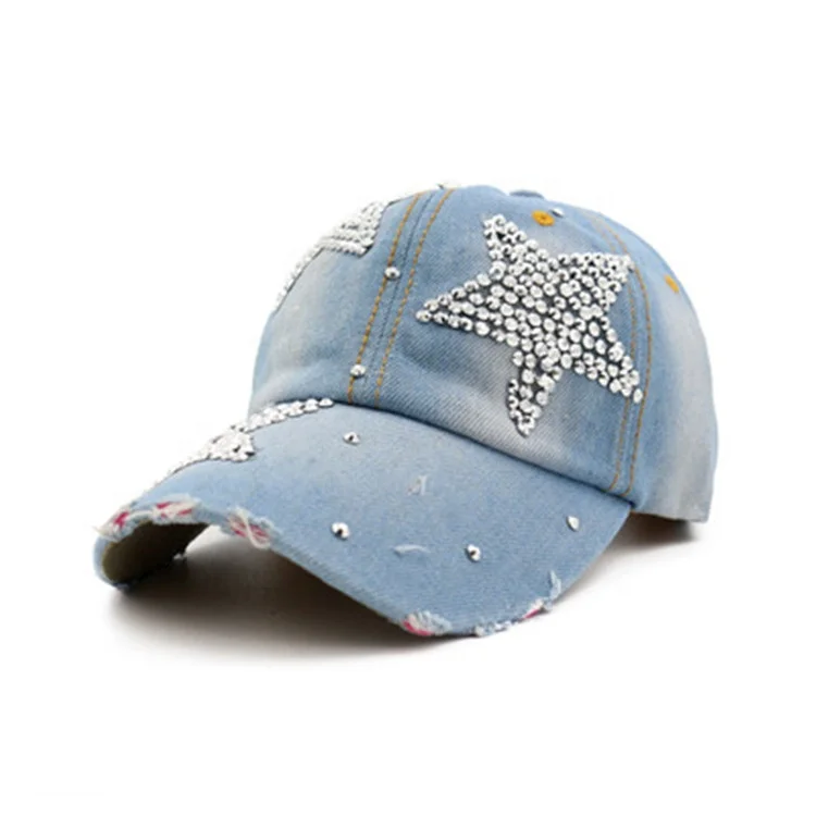 Wholesale Promotion Fashion Women Bling Bling Rhinestone Star Pattern Denim 6 Panel Baseball Cap