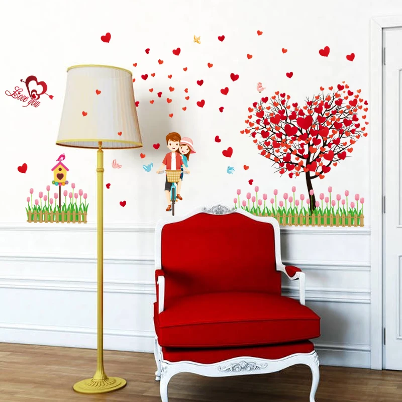 SK9207 New design love tree red loving heart bicycle lover wall sticker home decorative removable