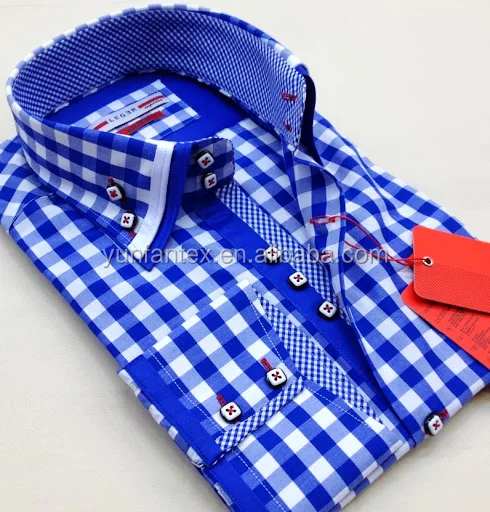 2020 China factory Italian style double collar cotton check men long sleeve shirt