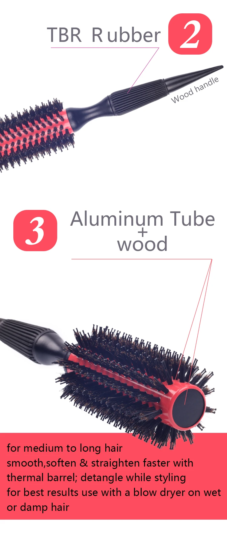 EUREKA Professional Aluminum Tube Boar Bristle  With Nylon Pins Round Hair Brush Wooden Round  Hair Brush