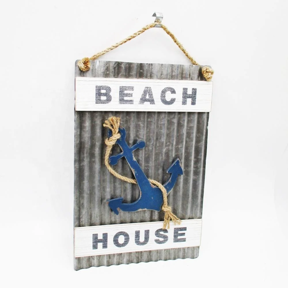 High Quality Nautical Rustic Drop in Anchor Metal Wall Hanging Decoration with Burlap Strings and Beach House Sign