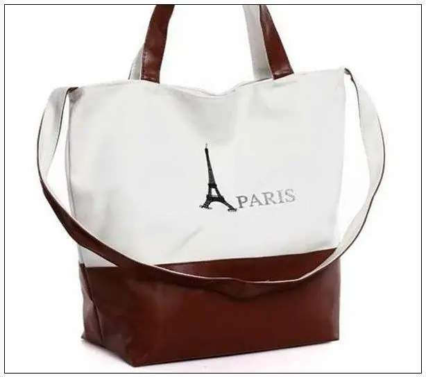 
PU Canvas Beach Towel Bag, PARIS Eiffel Tower Print Canvas Handbag Shoulder Bags Shopping Bags 