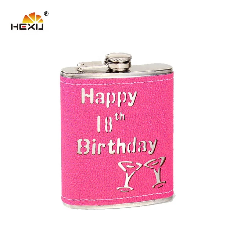 7oz stainless steel pink leather pouch glitter hip flask