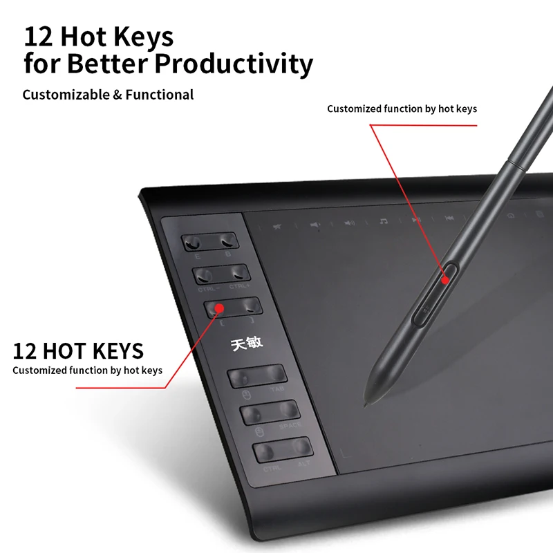 
12 Hot Keys 8192 Levels with Battery-free portable digital USB DRAWING TABLET 
