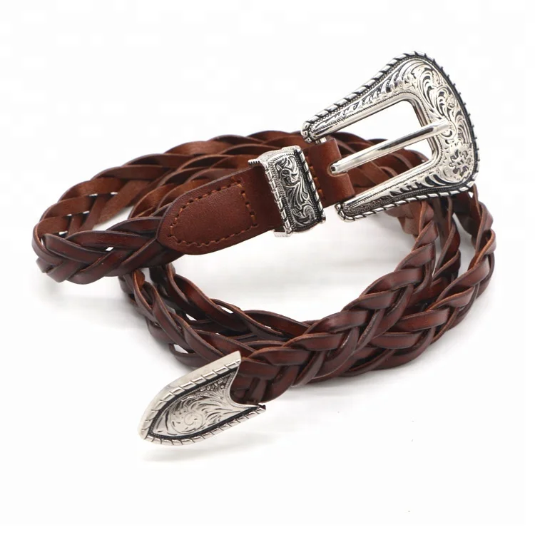 New vintage woven carved leather ladies thin belt pin buckles leather belt fashion wild casual narrow waist seal for women