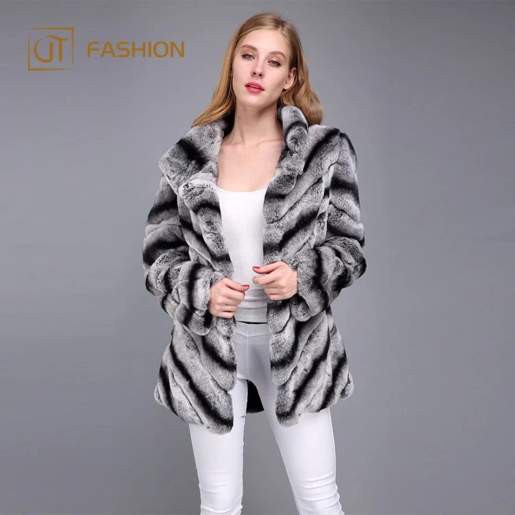 Top quality jtfur wholesale twill standing collar rex rabbit fur chinchilla women long coat