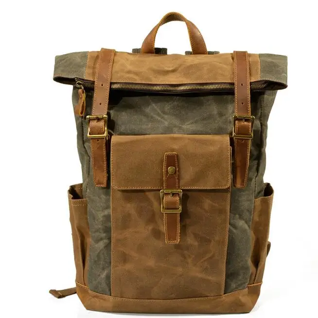 TF 9120 Men Waxed Canvas Laptop Backpack with Leather Trim Vintage Waterproof Bag with Metal Zipper Closure 1 Piece Per Polybag