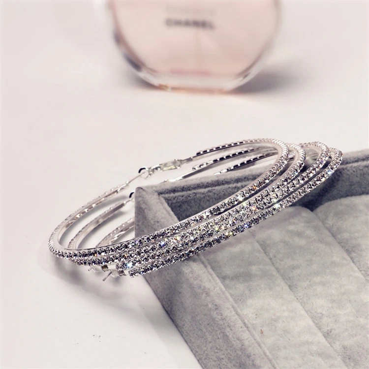 
2cm to 10cm Optional Sizes Gold Silver Plated AAA Rhinestone Mini Big Women Jewelry Diamond Crystal Hoop Earrings 