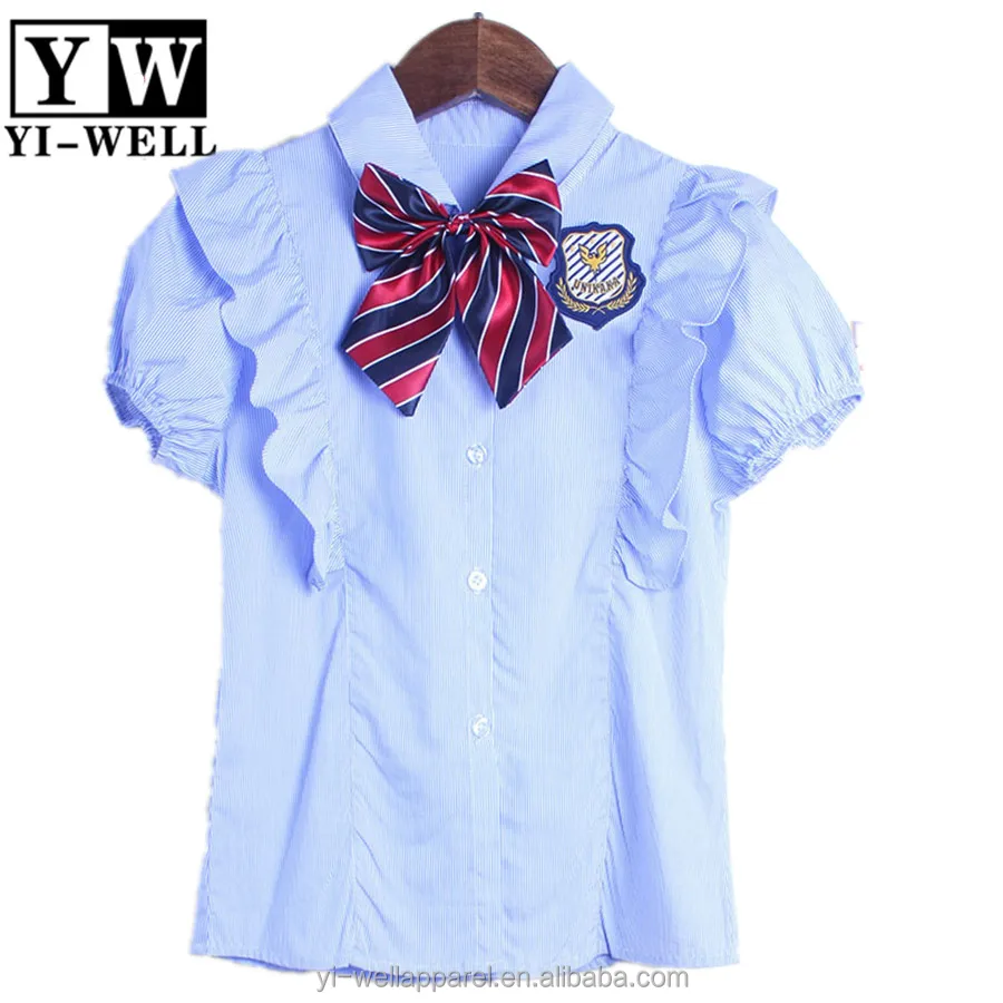 School uniform light blue stripe short sleeve shirt with school badge boy shirt