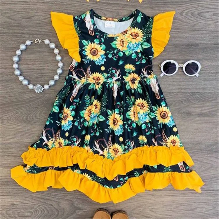 
New style children clothing baby girls summer Mustard Floral Pom Pom Dress 