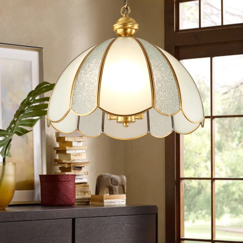 
copper material pendant light restaurant lamp iron link hanging light glass lamp shade gold color 