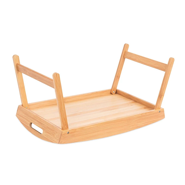 2021 Hot Bamboo Bed Tray Wooden Curved Sides Breakfast Serving Tray with Folding Legs