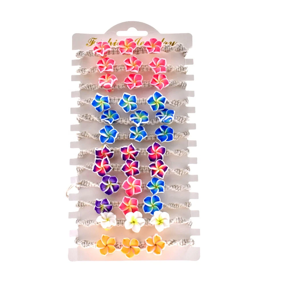 Handmade colorful polymer clay flower bracelet adjustable cotton string braided hand rope cowrie shell bracelets