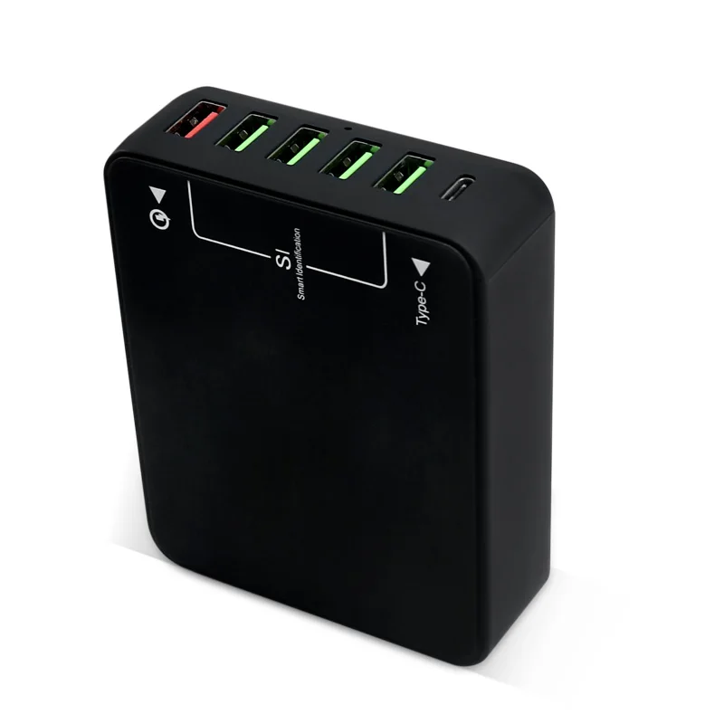 60W Portable Multi Travel Power Adapter Charger Wall Charging Station 6 Port Usb Type C For Mobile Phone