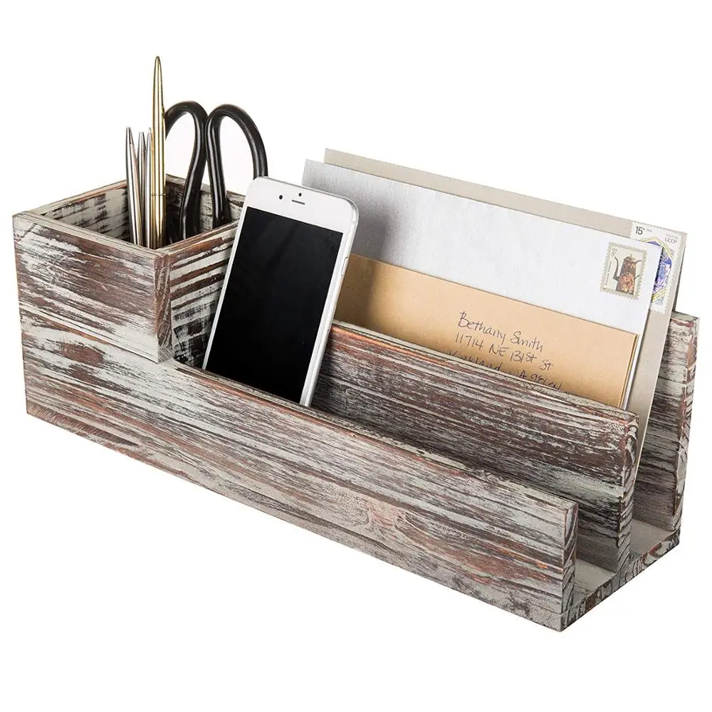 Rustic Torched Wood Desktop Office Supplies Caddy & 2 Slot Letter Mail Sorter Organizer