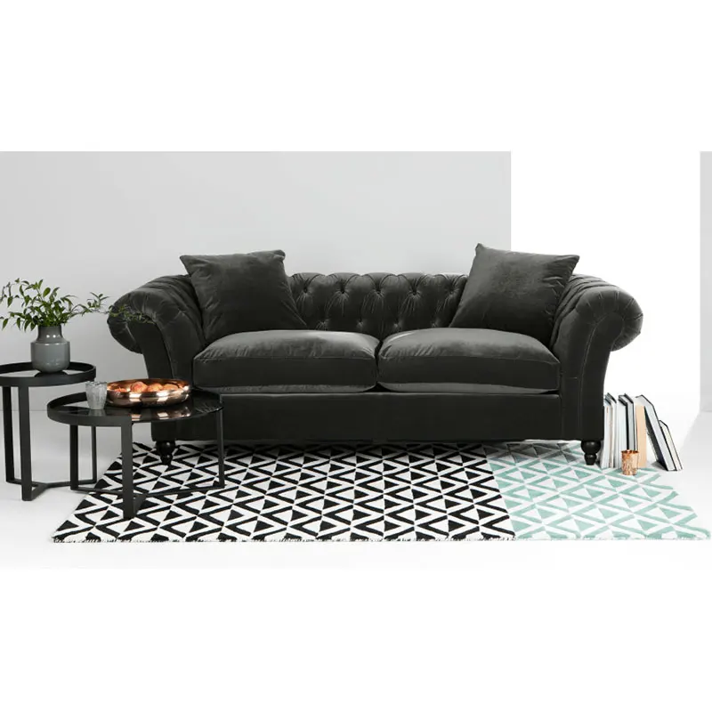 Chesterfield Modern Dark Grey Velvet Tufted Sofa & Love seat In Living Room
