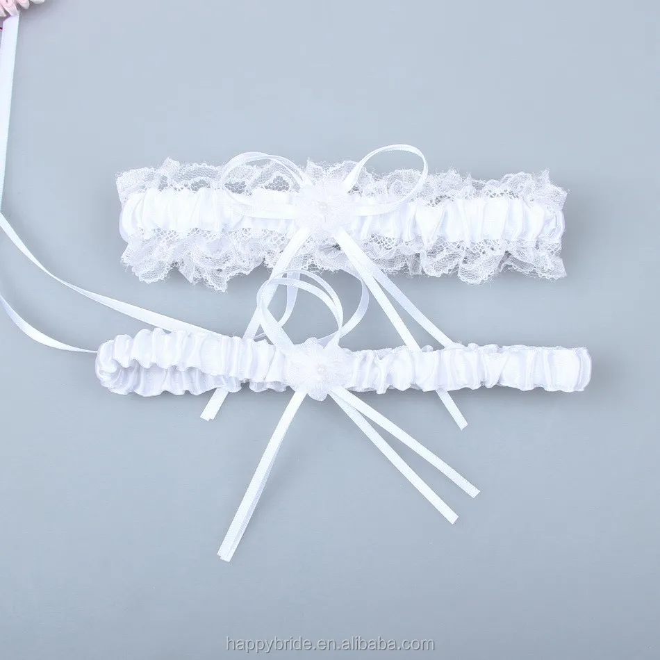 Vintage Ivory Ribbon and Lace Elastic Bridal Garter Set for Wedding Handmade with Organza Flower HT00033