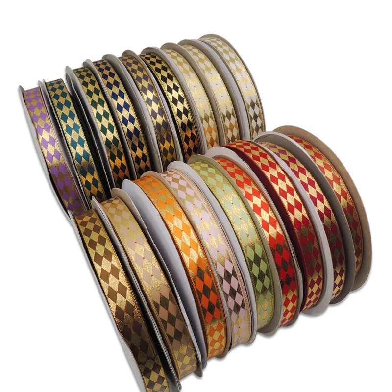 Оптовая продажа, разноцветная 5/8 атласная лента из полиэстера, Золотая фольга, атласная лента с алмазным принтом для упаковки