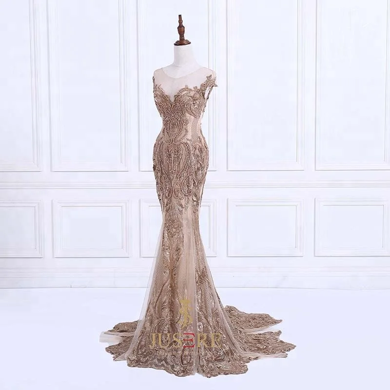 Sexy Mermaid  Gold Luxury Appliqued Beaded Lace Evening Dresses Middle East  In Turkey Dubai Prom Gown