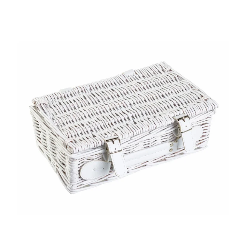 White wicker hamper basket with straps