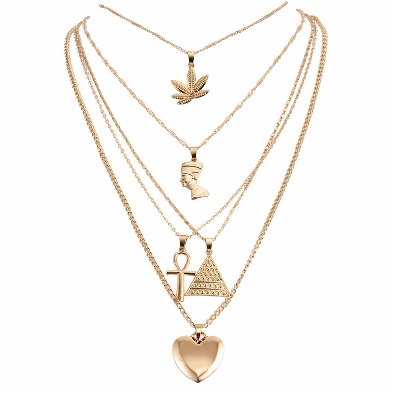 Wholesale Gold Plated Egyptian Jewelry Necklace Pharaoh Cross Heart Pyramid Tree Leaf Charm Pendant Layered Necklace