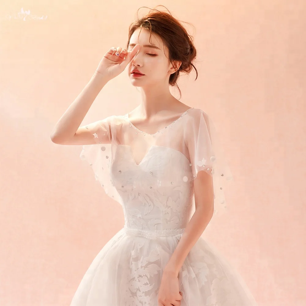 
LZP288 Real Pictures Boat Neckline With Rhinestone Wedding Shawl Ivory Bridal Bolero Woman 