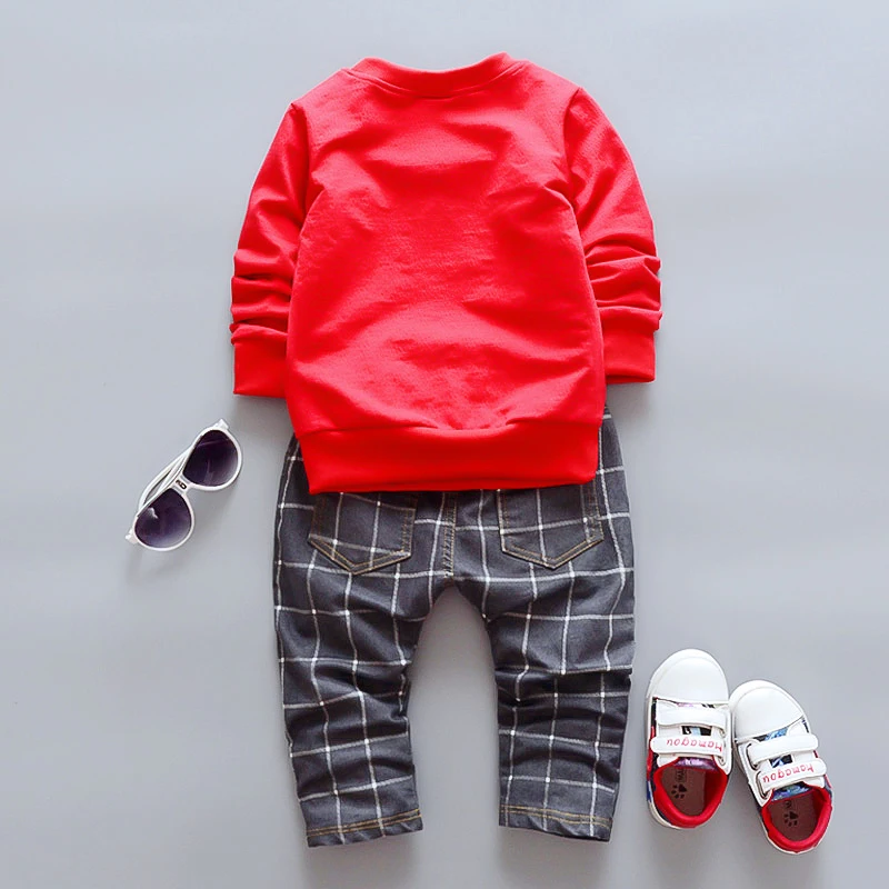 Hao Baby Spring And Autumn Two-Piece Kid Cotton Gentleman Long Sleeve + Plaid Denim Children Trousers Set
