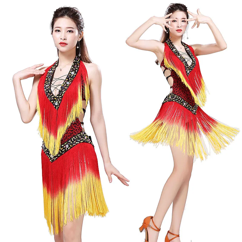 Leopard Backless Tassel Night Club Cocktail Party Latin Dance Costumes For Women Professional Dance Dress Ballroom V-neck