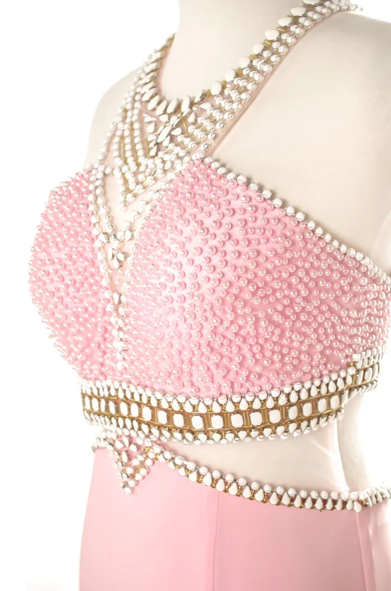 Modern Dubai luxury long ball gown beaded pink halter evening dresses