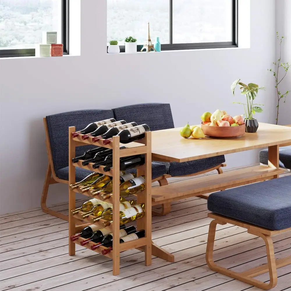 20 Bamboo Wine Display Bottles Storage Rack Free Standing with 5-Tier Shelf Wobble-Free