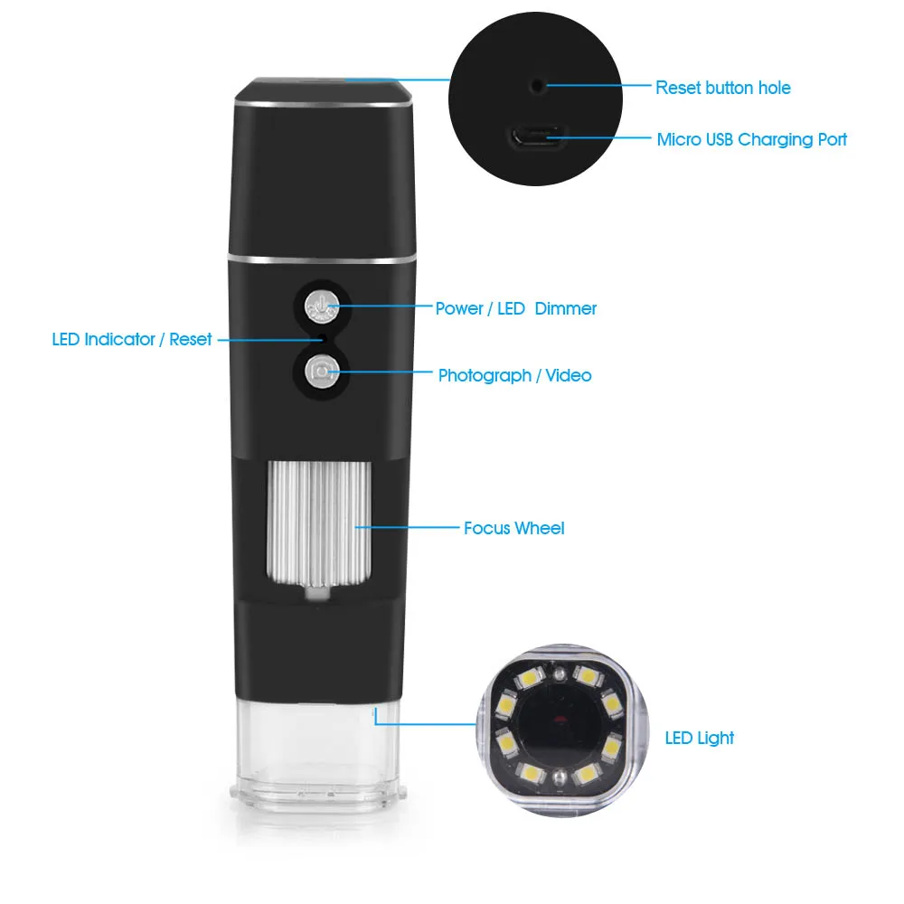 500X Zoom Wifi Digital Microscope HD Wireless Biological Microscope Rechargeable Electronic Magnifier Loupe for iOS / Android