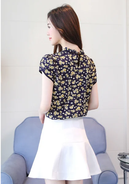 Chiffon jacket spring and summer new dress sweet lace floral short-sleeved shirt blouse