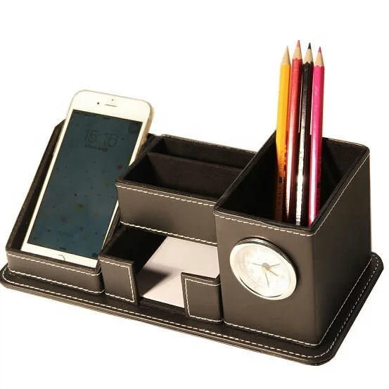 LG-B050 Custom Logo Personalized Office Stationary Desk Pen Holder  PU Leather Table Pen Holder With Alarm Clock
