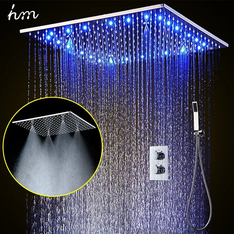 Bathroom Accessories Shower 3 Ways Thermostatic Valve Shower Set With 20 Inches 304ss Rain Mist Shower Head LED Lighting