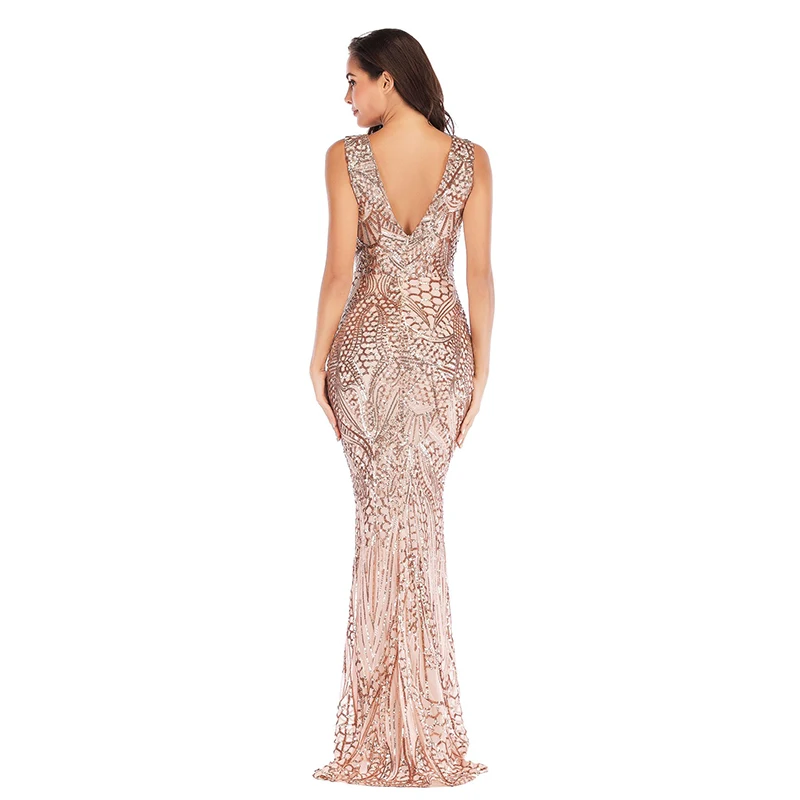 
Gorgeous Appliques Criss-crossed Back Design Evening Dress Sequin Deep V Neck Metallic Dress Women with Slit Design 