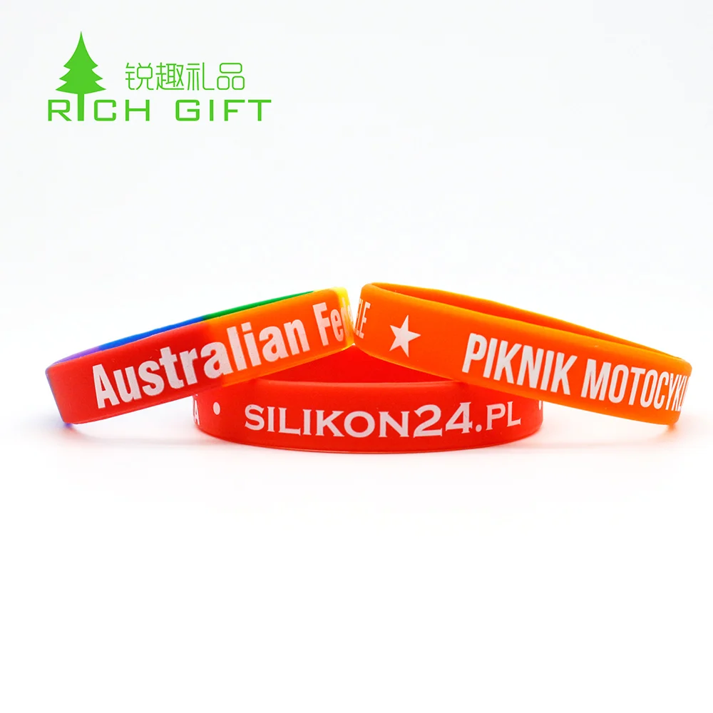 Cheap custom rainbow ink printing flag black debossed thin adjustable festival sport recycled rubber silicone bracelet wristband