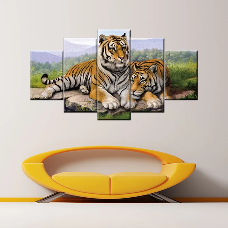 Decor home painting HD 5 pieces two lying tigers painting decoration wall art painting