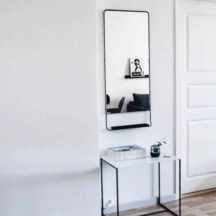 Large oversize decorative black metal pharmacy wall mirror with shelf for hallway bathroom