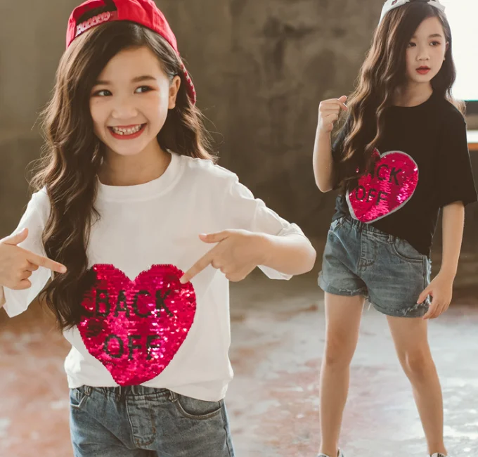 
YY10009G Hip-pop sequin front t shirt dancing clothes girls reversible sequin t-shirt 
