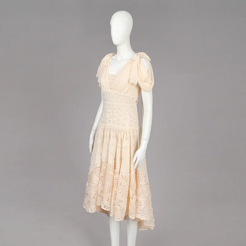 Elegant and Sweet Style Solid Beige Color Floral Lace Swing Summer Chiffon Beading Ornamental Woman Dress with Back Zip Closure